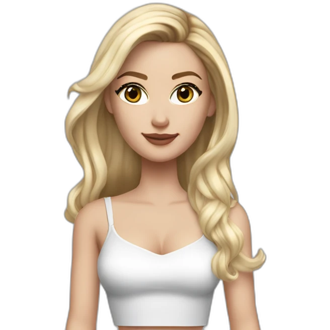 realistic caucasian long blonde hair dark brown eyes woman white crop top gray mini skirt black high heels emoji