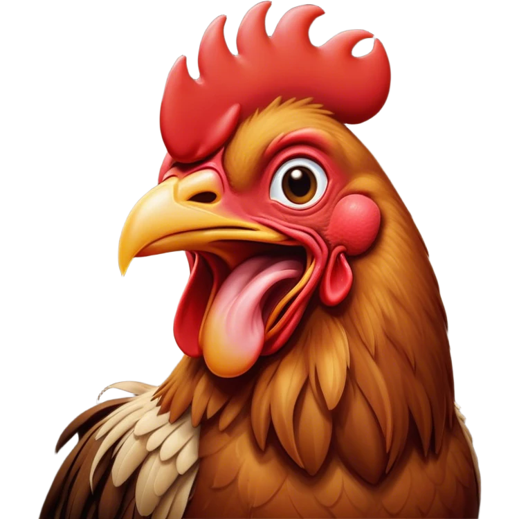 Cinematic Cute Yawning Brown Rooster Portrait Emoji, Head tilted slightly with a dramatic, wide-open yawn, showcasing a soft, downy brown plumage with a subtle red comb and drooping wings, round warm eyes barely open in drowsy contentment, Simplified yet irresistibly adorable features, highly detailed, glowing with a soft, cozy glow, high shine, relaxed yet expressive, stylized with a touch of whimsy, bright and endearing, soft glowing outline, capturing the essence of a sleepy yet affectionate rooster, so drowsy it feels like it could stretch out of the screen and curl up for a nap! emoji