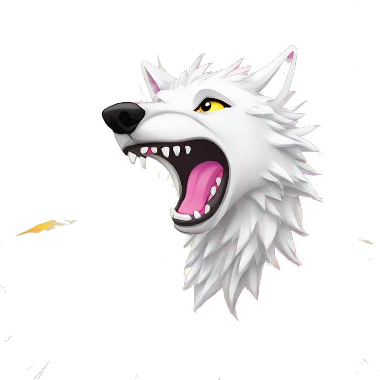 Sparkling crazy white snarling aggressive wolf dancing snow mad big eyes illustration doodle high contrast lightning bolt halo sun beams white pink yellow red party sparkle glitter emoji