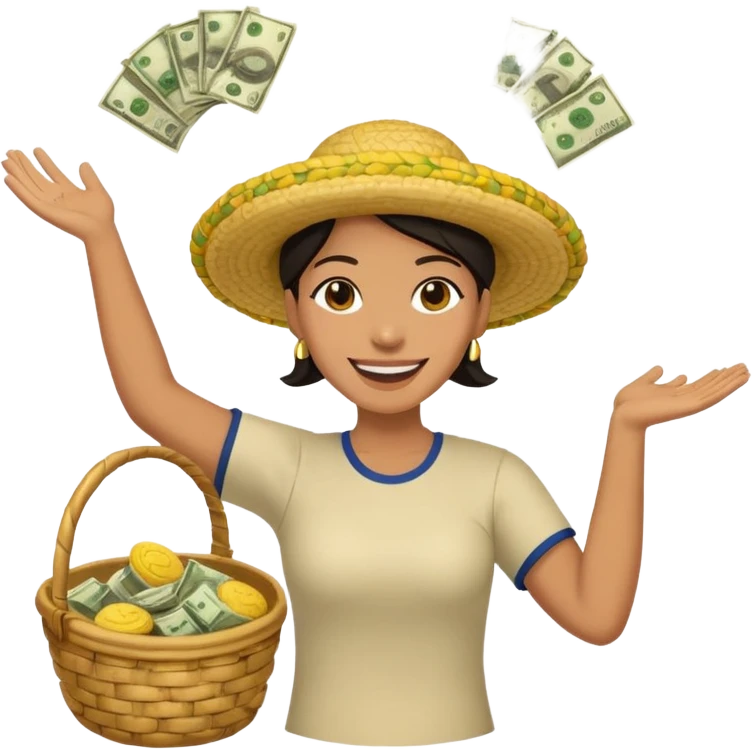 baskets, some overflowing with money, others with colombian arepas in the background a very happy person ridiculously throwing money around emoji