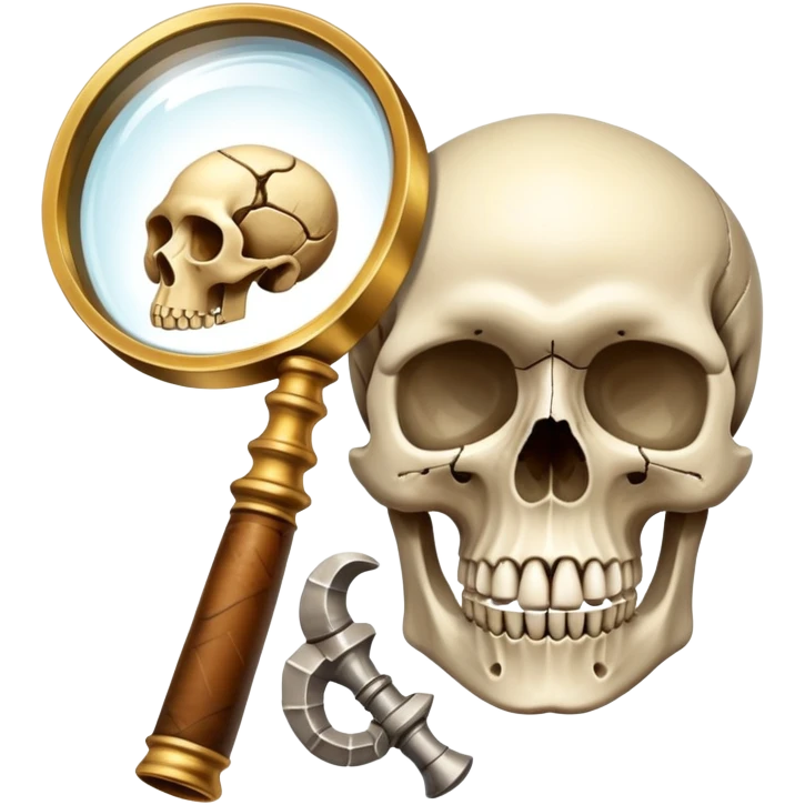 An icon showing a skull and ancient artifacts, representing anthropology. The design features a magnifying glass examining bones, fossils, and cultural symbols, symbolizing the study of human evolution and societies. Transparent background emphasizes the academic and exploratory nature. emoji