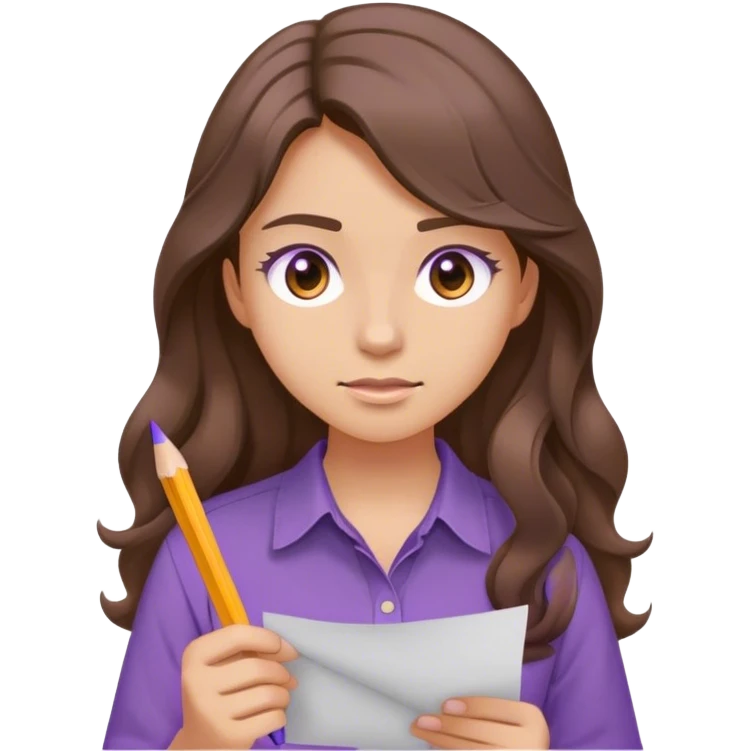 girl with long wavy brown hair in a purple shirt like the normal emoji and brown eyes taking a test and light tan / peach skin  emoji