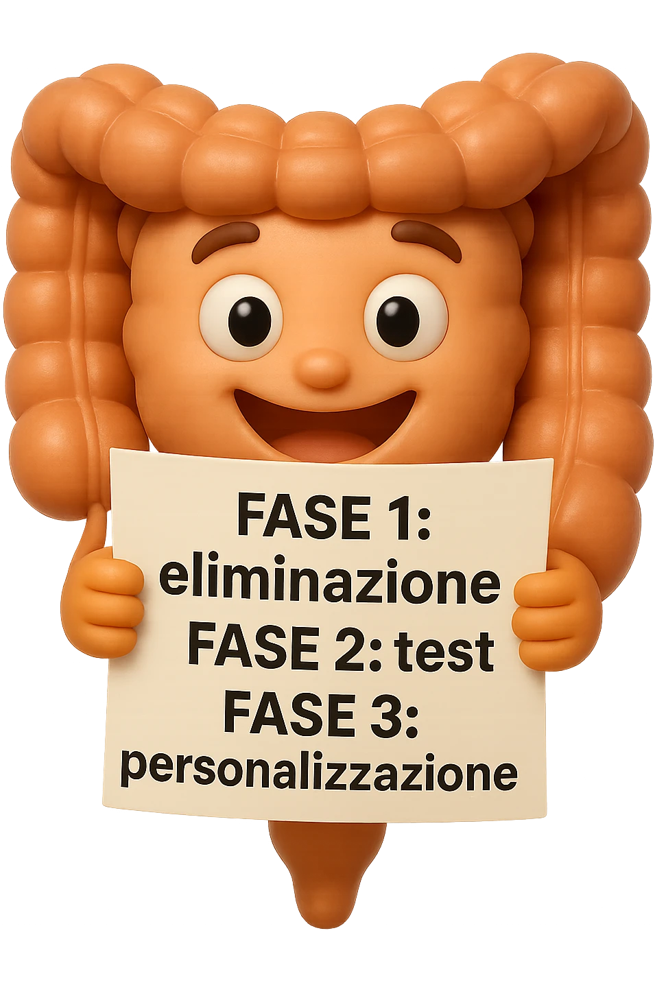 emoji stile iphone 3d di un intestino che tiene in mano un foglio con la scritta "FASE 1: eliminazione, FASE 2: test, FASE 3: personalizzazione, IPERREALISTICO 4K emoji