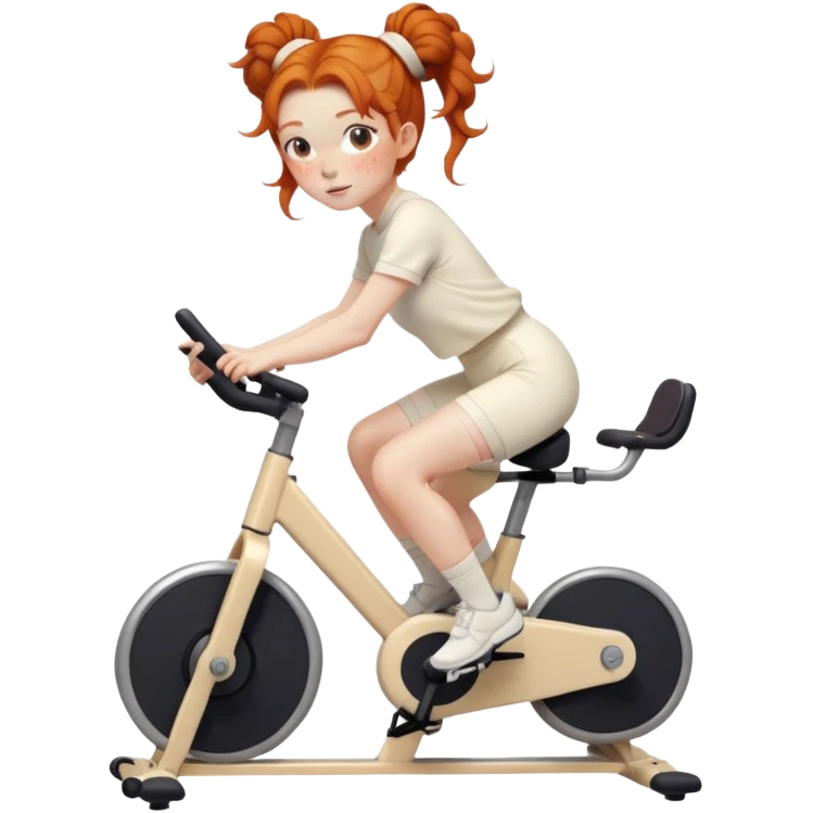 Ginger girl freckles space buns riding stationary bike cream outfit emoji