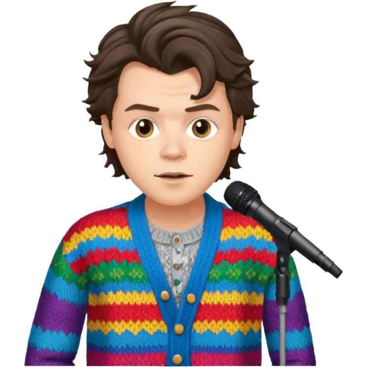 harry styles with a mic, he is wearing a colorful cardigan emoji