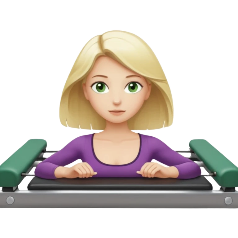 Blonde girl with green eyes and shoulder length blonde hair in a pilates reformer  emoji
