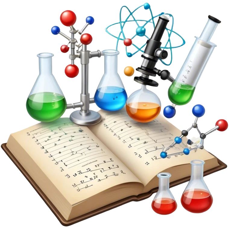 Icon for Scientific and Educational Reading: an open book with mathematical and physical formulas on the pages, with molecules and atoms flying out. On the desk are test tubes, flasks, and a microscope. Transparent background. emoji