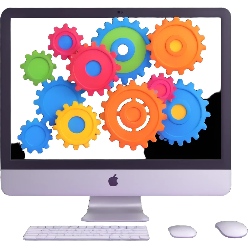 iMac computer with colorful gears on the screen emoji