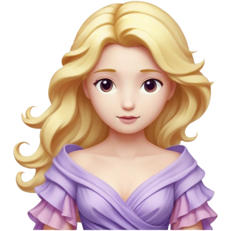 Cinematic Realistic Rapunzel Portrait, with porcelain-like skin featuring a subtle, natural glow, illuminated by soft lighting that brings out the gentle contours of her face. Her long, golden blonde hair cascades in detailed waves, each strand highlighted with a radiant shimmer as it catches the light. She playfully holds a flower in one hand, her other hand resting casually in her lap, with a warm and spirited expression. Her bright, expressive green eyes exude curiosity and warmth, framed by delicate lashes and soft, arched brows. She is dressed in her classic lavender and pink gown, the fabric textured with delicate folds that flow naturally, catching the light with a soft, radiant glow. The portrait captures a luminous, enchanting aura, seamlessly blending realism with a whimsical, fairytale charm, evoking a timeless sense of beauty and magic. emoji