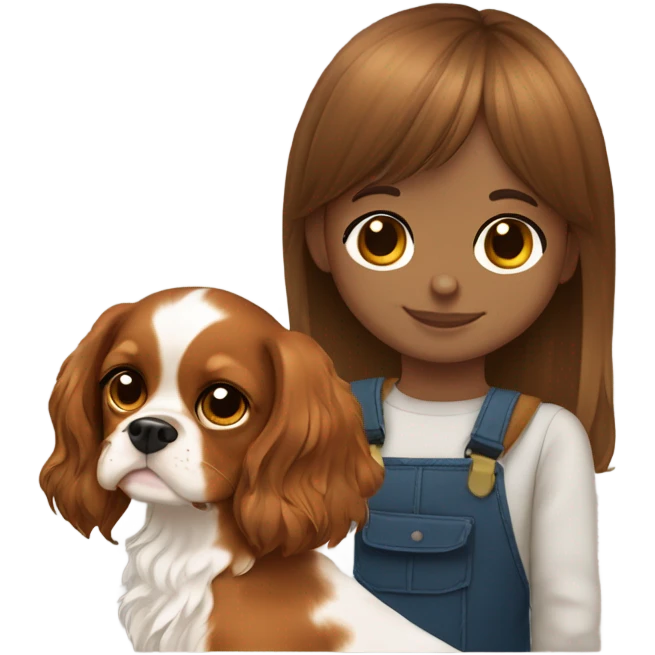 Cute kid with light brown skin and long hair and bangs with a cavalier King Charles spaniel emoji