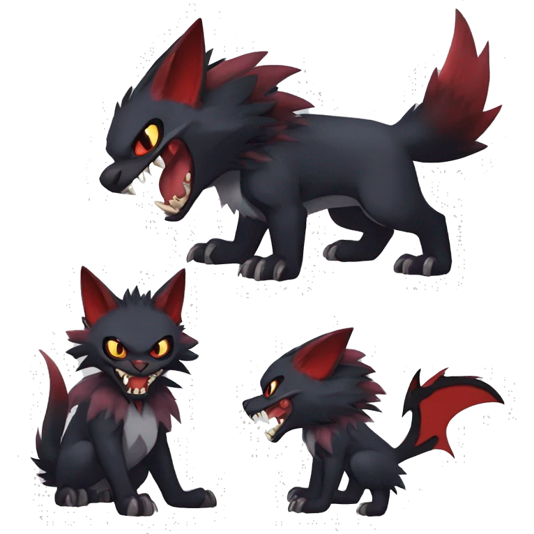   cool edgy fantasy anime-style dark animal vampiric Litten-Zoroark-Nargacuga-cat-hybrid Fakemon with big fangs and bat-ears full body emoji