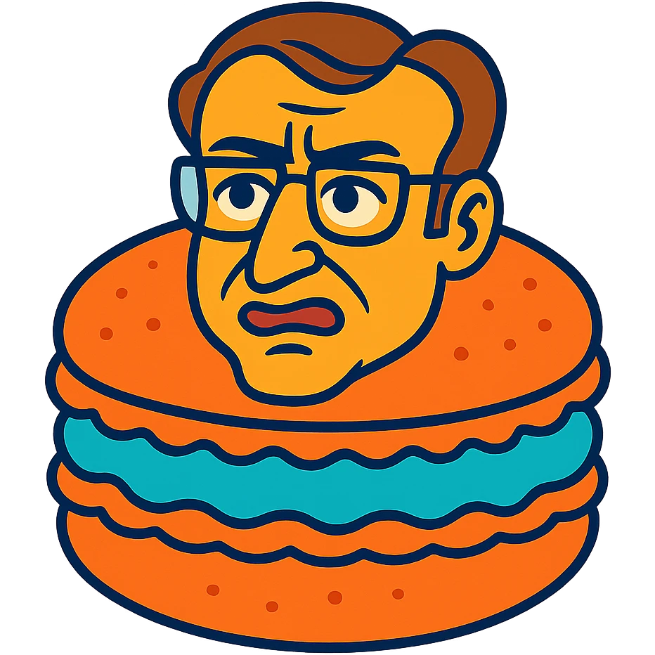 Emmanuel Macron transformed into a macaron with an expressive face, vibrant colors emoji
