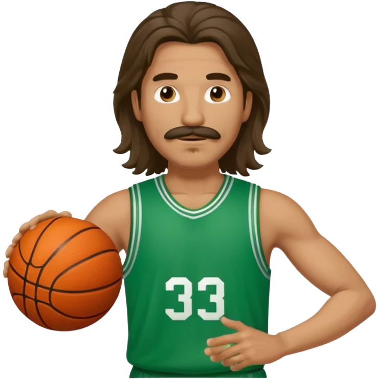 long haired man basketball player green jersey with mustache holding basket ball emoji