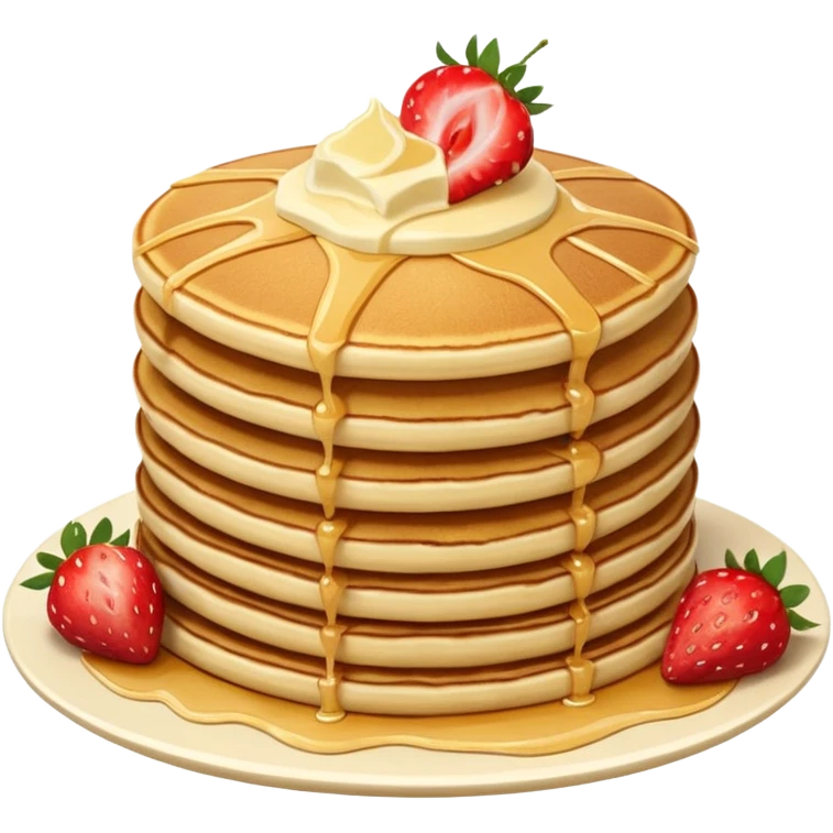 a stack of 3 pancakes with melted white chocolate and strawberries on the top pancake  emoji