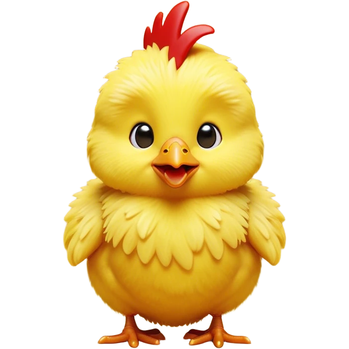 Cinematic Comical Yellow Baby Chicken Portrait Emoji, Head tilted dramatically with an exaggeratedly amused expression, featuring a striking, fluffy yellow downy coat with a tiny quirky red comb, wide, expressive beady eyes filled with playful disbelief, Simplified yet hilariously expressive features, highly detailed, glowing with a slightly sassy glow, high shine, dramatic yet playful, stylized with an air of cheeky mischief, bright and endearing, soft glowing outline, capturing the essence of a spirited and over-the-top chick, so meme-worthy it feels like it could peep its way into internet fame instantly! emoji