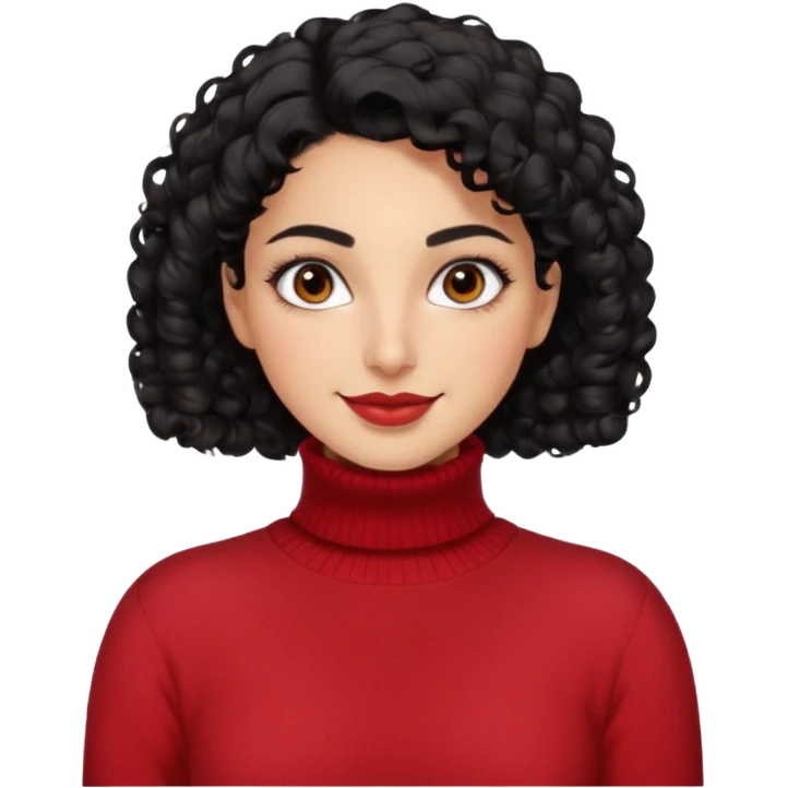 30 yr iranian woman black hair curly wavy short hair, red turtle neck sweater, very thick eyebrows, light skin, dark brown eyes, small smile emoji
