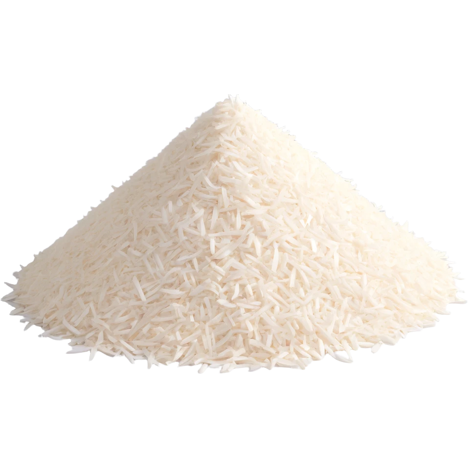 small mound of finely shredded or powdered dried coconut, bright white color, soft fluffy texture, irregular edges, light airy surface, clean 3D rendering, soft lighting, subtle shadows, transparent background, emoji scale emoji