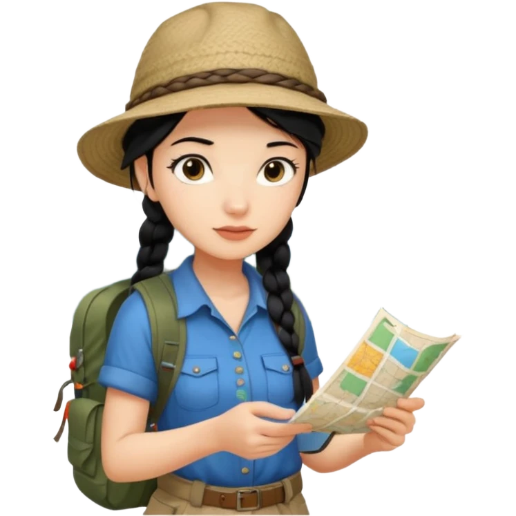 A braid black hair backpacking woman checking her map with curious eyes while walking with camping hat full body emoji