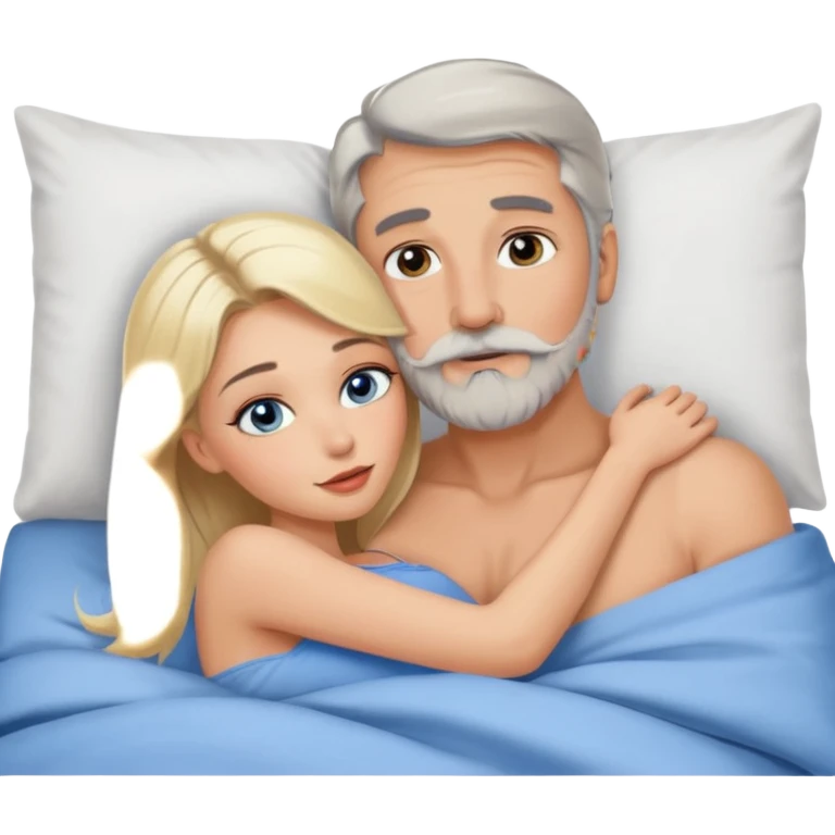 Cuddling Man with hazel eyes and gray beard kissing sexy  blonde blue-eyed  woman in bed emoji