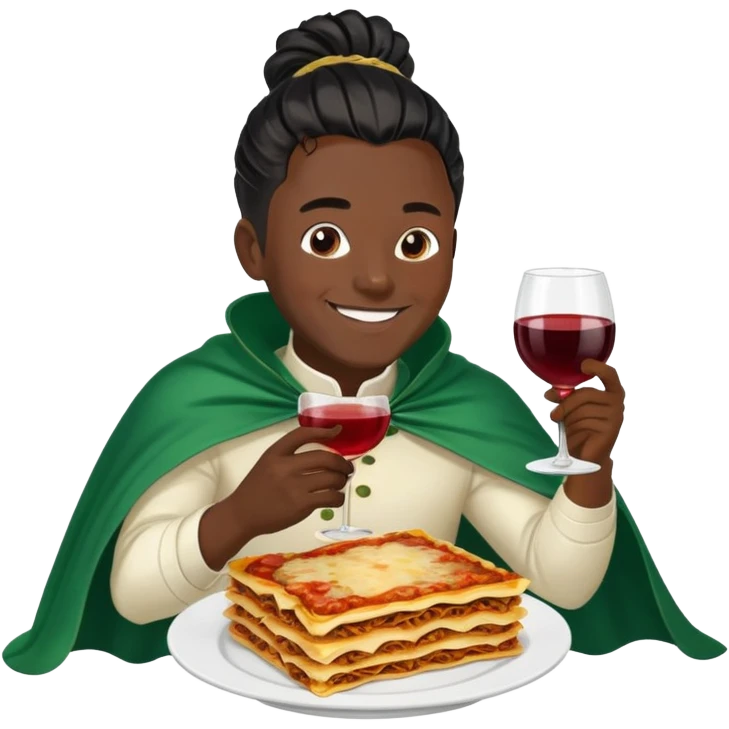  High fade widows peak ponytail dreadlock male black hair dark skin smiling and nigerian cape eating lasagna and wine while flying emoji