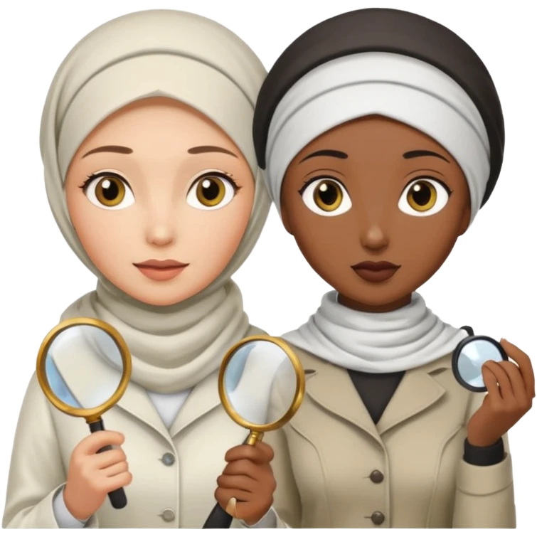 one wite hijabi one dark skin with her hair  out and hand lens and hat like true private inbestigators emoji