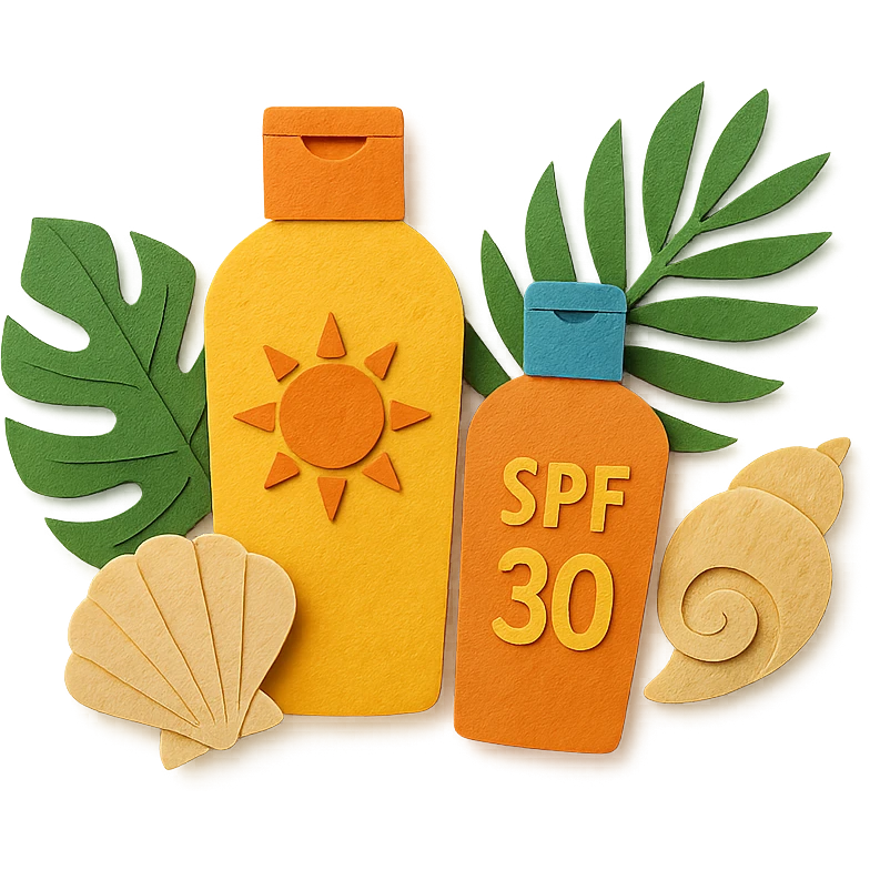 group of sunscreen bottles, shells, and tropical leaves, layered paper effect, paper-craft style emoji