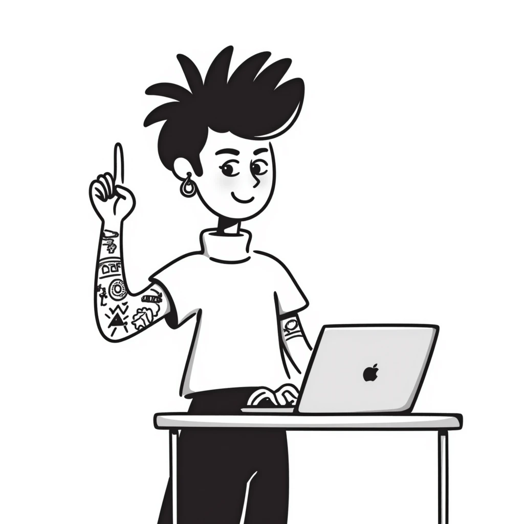 Punk rock female student with mohawk, facial piercings and full sleeve tattoos, smiling confidently while raising hand in class, laptop on desk, wearing band t-shirt emoji