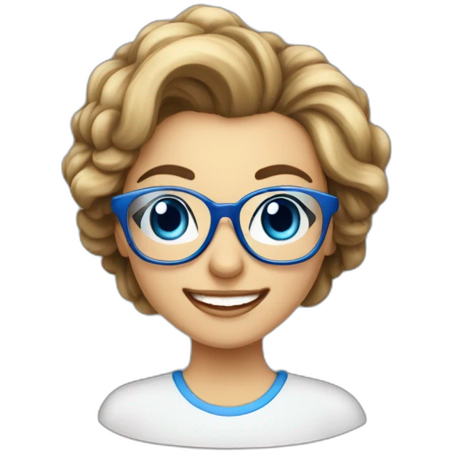 Mujer-pelo casi blanco-corto- con gafas azules- sonriendo-escribiendo en ordenador emoji