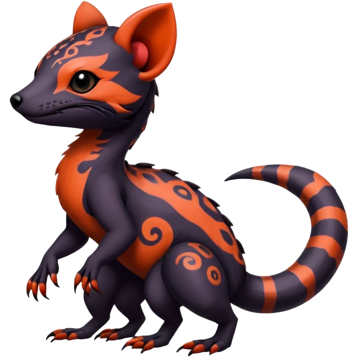 Rare warm-colored exotic gloomy tropical edgy cute epic aesthetic spooky  gothic colorful Salandit-Noibat-Civet-species-Fakemon-hybrid-creature, with tribal tattoo markings, full body emoji