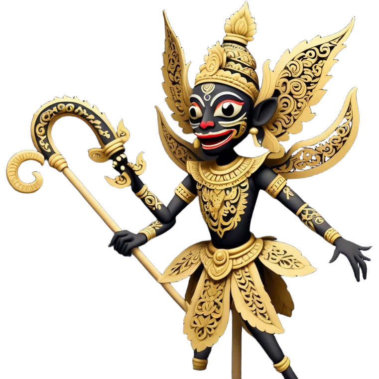 Wayang – Cinematic Realistic Wayang, depicted as intricately carved traditional Indonesian shadow puppets with expressive features and vibrant cultural motifs, set against a dark, dramatic backdrop with subtle glowing highlights that evoke the mystical art of shadow play. emoji