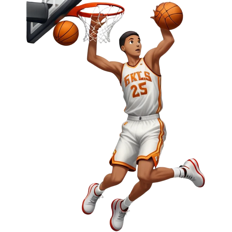 An icon showing a close-up of a basketball player in mid-air, performing an impressive dunk, inspired by NBA 2K25. The player is focused, with the ball in hand and the court in the background. Bright lights emphasize the action and excitement. Transparent background. emoji
