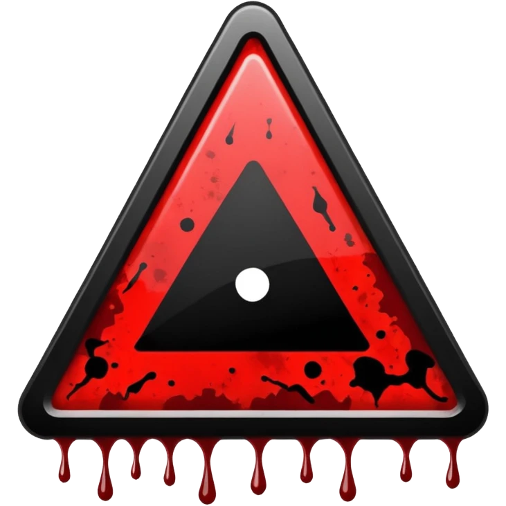 A triangular danger sign with a bold black border and a bright yellow background. In the center, a dark red blood splatter spreads outward, with a few drops dripping down the sign. The design gives a wild, intense, and dangerous vibe, as if warning of something violent or hazardous. emoji