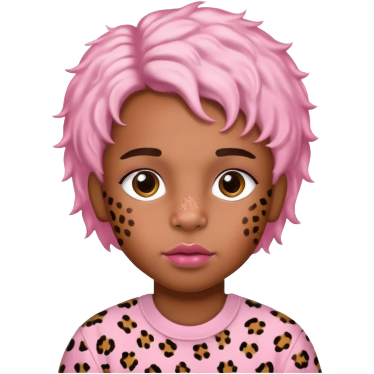 brown-skin boy with baby pink blush and glossy lips and leopard print hair ￼ emoji