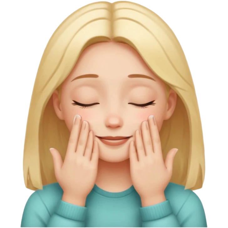 Девушка довольная своей кожей и состоянием. Руки ладонями касаются щек. Глаза закрыты, на губах улыбка emoji