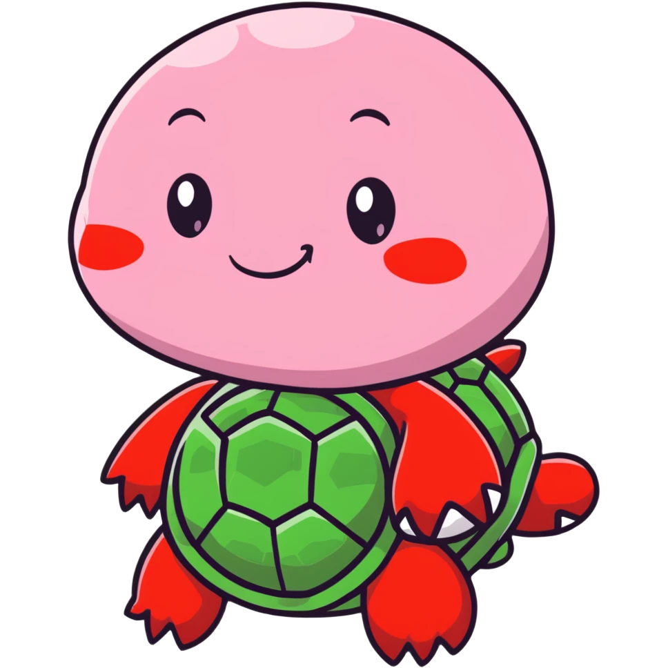 cute plushie turtle with light pink skin, round head, and red shell, smooth skin texture emoji