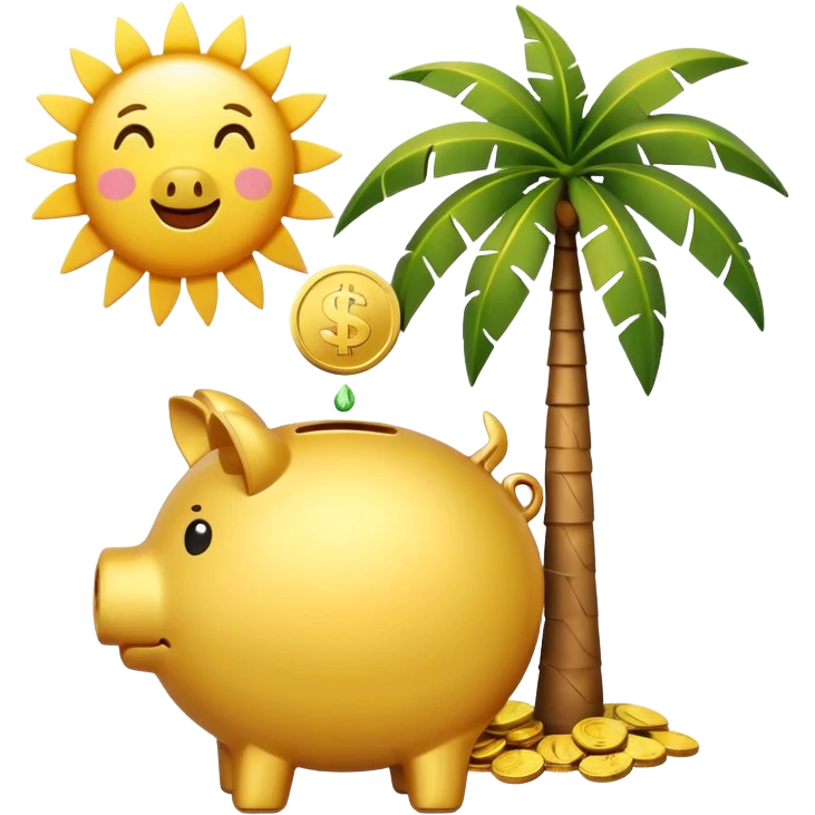 A simple emoji-style icon: A piggy bank with a coin dropping into it, next to a small palm tree and sun, symbolizing saving today for retirement tomorrow. Minimalist, clean design, consistent with emoji aesthetics. emoji