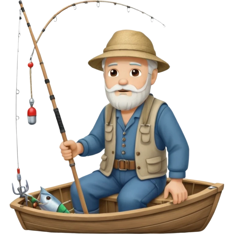 an old white haired, bearded man in fisherman attire, sat in a big boat on a calm sea, holding one fishing rod in one hand, with the end of the fishing line touching the water emoji