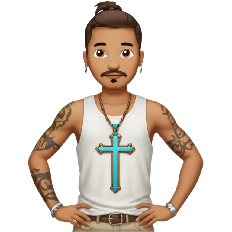 Deci creează mi un emoticon cu un băiat mai creol care are doar o coadă are cercel intr o ureche are tatuaje și barba cioc și mustața și are lanț la gât cu cruce vreau să fie cu totul cu tot cu corp și cercel vreau să aibă doar intr o ureche nu în ambele  emoji