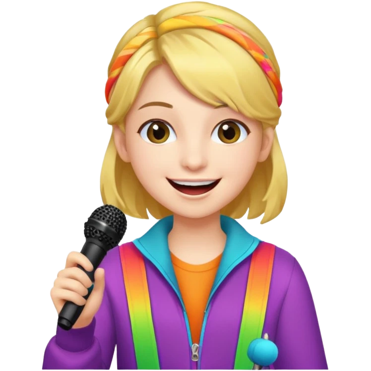 A cheerful teen singer with colorful outfit, performing with big smile. emoji
