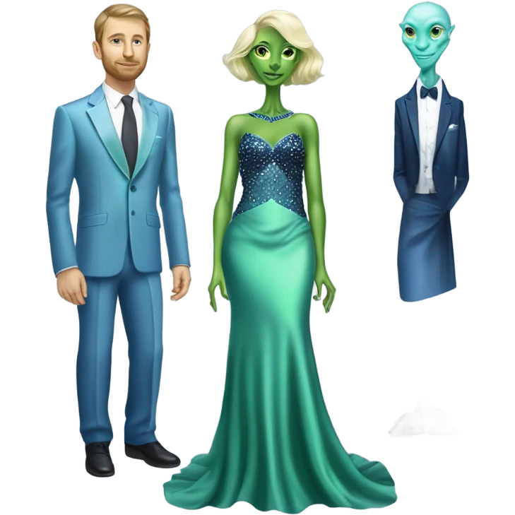 alien reptilian green skin woman, in long slim pastel blue formal party satin dress with gradient shiny sparkling navy blue diamonds embroidered , and caucasian man in black dres on his knees asks her to marry her emoji