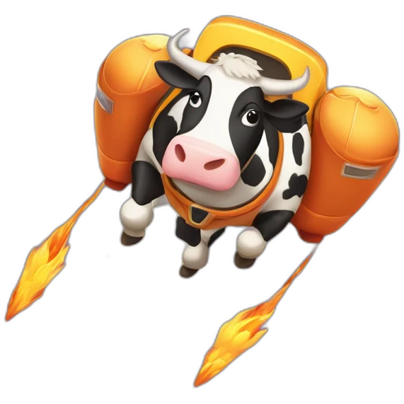 side-on view of cow flying to space while wearing a jetpack that is emitting flames, legs being pushed back by the wind emoji