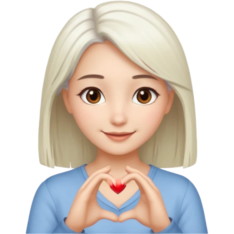 Beautiful girl. Platinum-colored hair just below the shoulders, straight, brown eyes, sweet smile. Hands in the shape of a heart. emoji