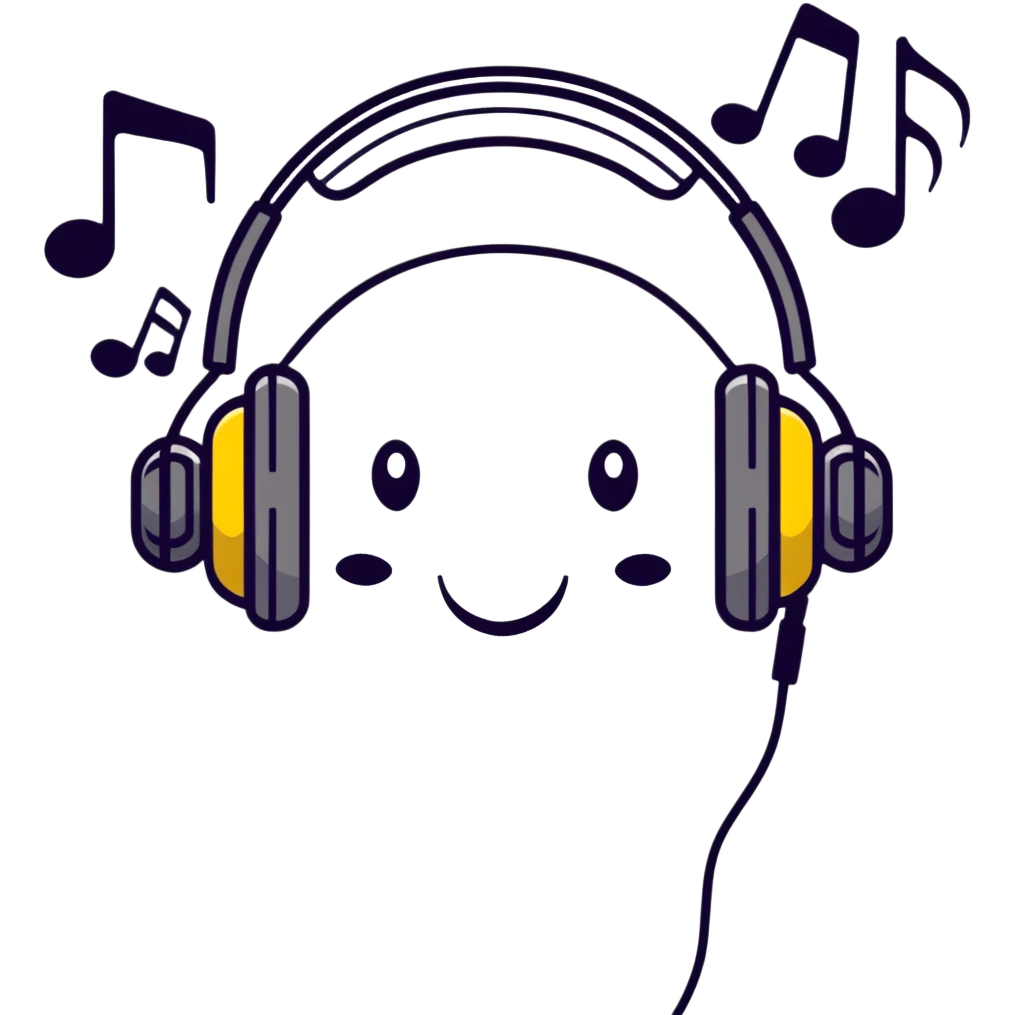 Cute headphones with smiling face and music notes around emoji