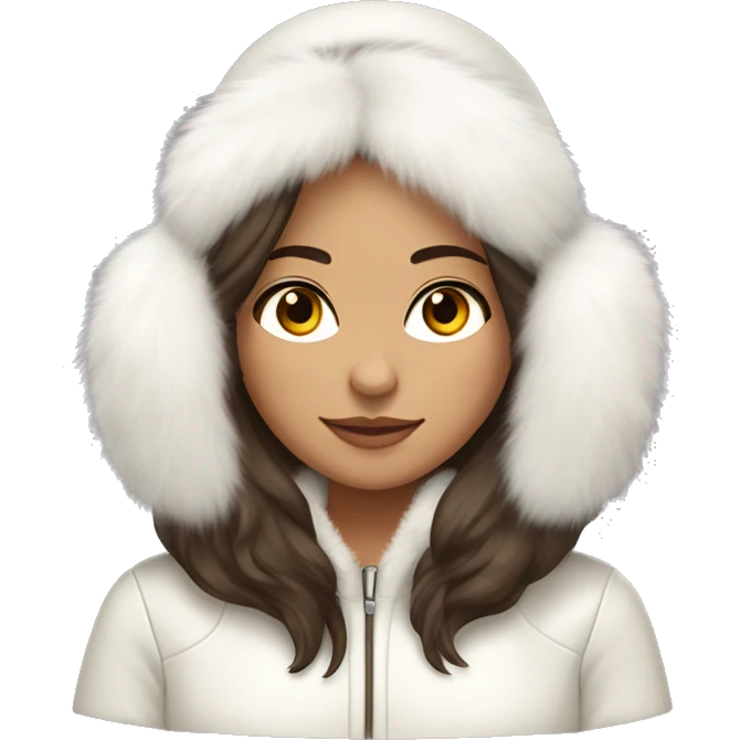brunette girl with long hair with a light olive skin color and brownish eyes wearing fluffy white ear muffs and a white fur coat  emoji
