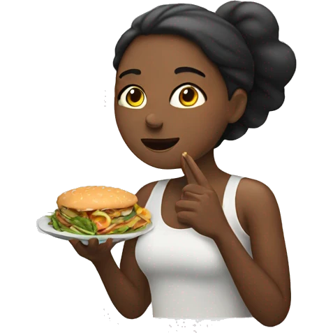 Woman eating food with a big back emoji