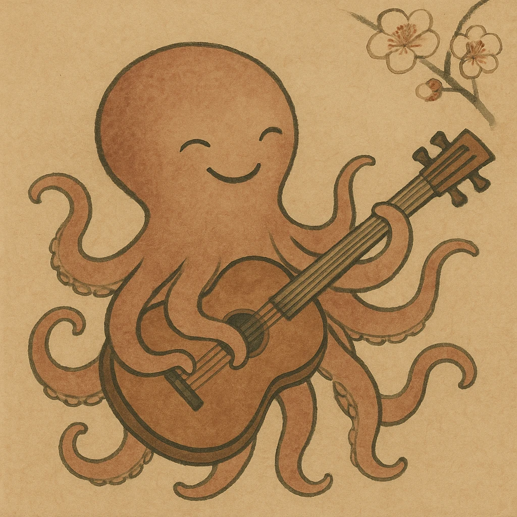 happy octopus with multiple arms playing guitar emoji