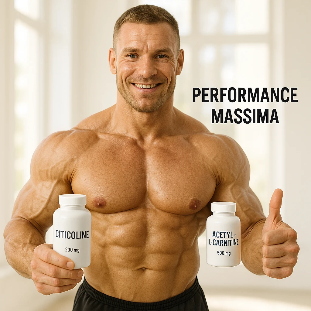 hyper realistic bodybuilder showing citicoline and acetylcarnitine bottles with thumbs up, defined muscles, text 'Performance massima', bright environment, motivational atmosphere emoji