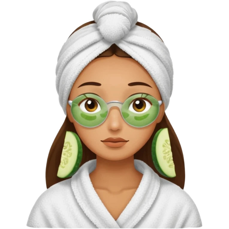 woman at the spa with cucumbers on her eyes (no eyeballs showing) and tan skin tone with towel covering hair emoji