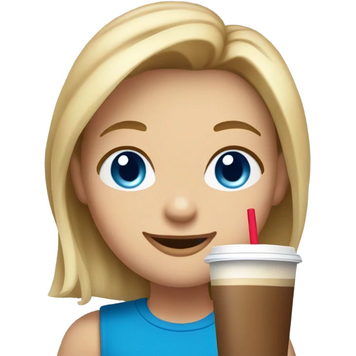 Shoulder length Blonde/light brown hair blue eyes cartoon character drinking iced coffee emoji