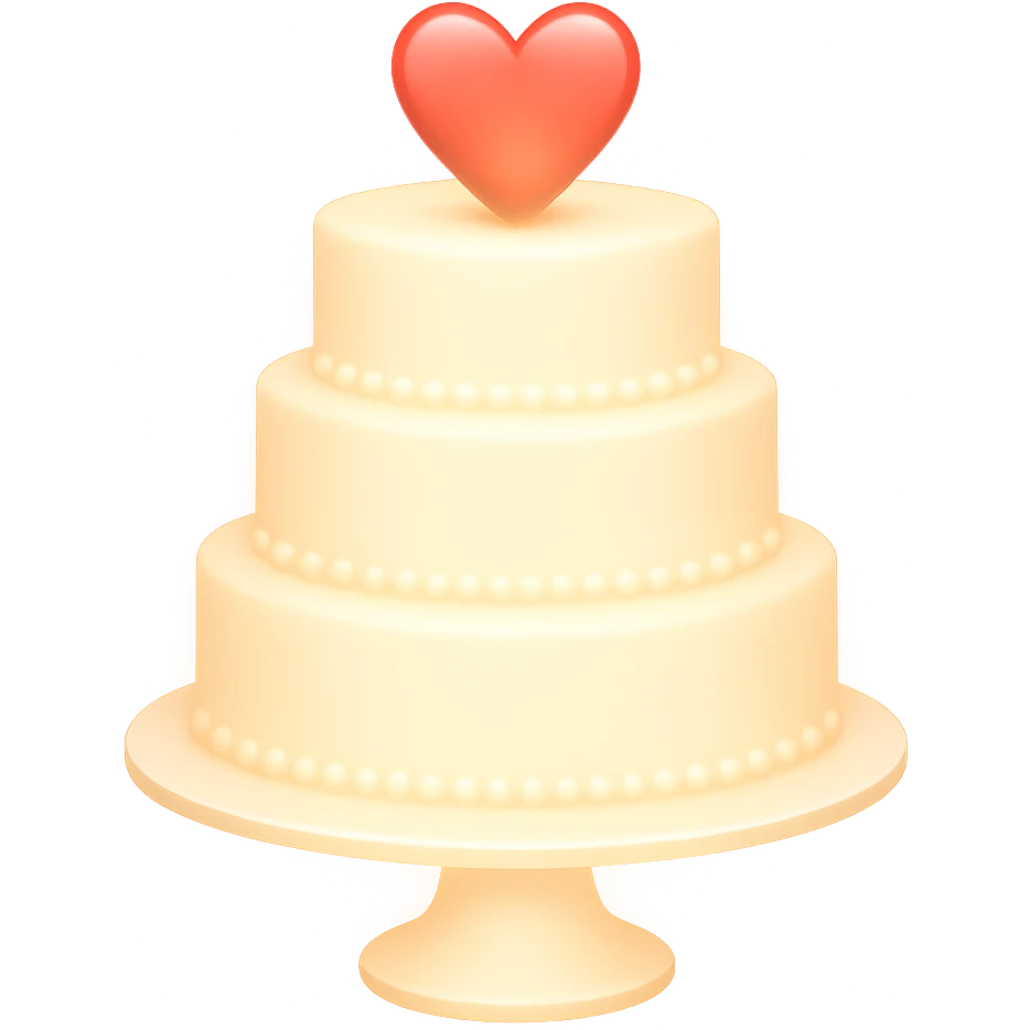 Add a soft glow effect to the white wedding cake with two tiers and hearts. Keep the background transparent. The style is emoji style with a soft glow effect. emoji